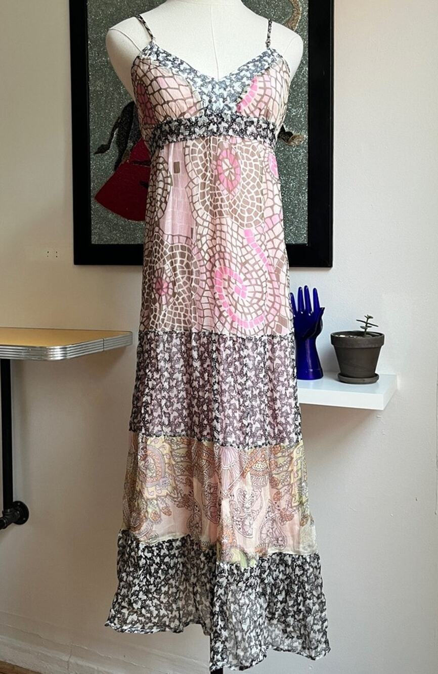 Y2K Patchwork Slip Maxi Dress | Boho Tiered Chiffon | Pink Floral Paisley | M